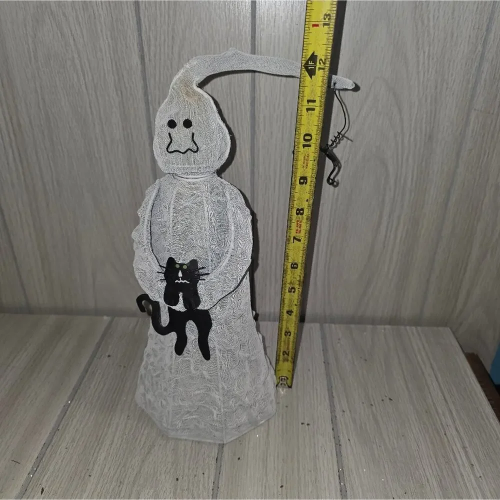 Vtg Ghost Holding Black Cat Light Cover With Hanging Spider Halloween Decor